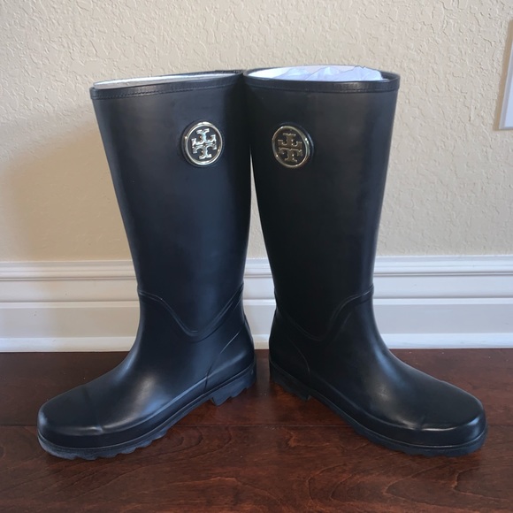 Tory Burch Black Sarah Gold Logo Tall Rain Boots - Picture 4 of 7